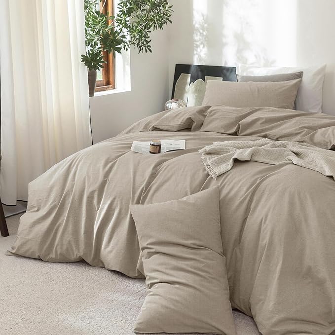 FOSSA Duvet Cover Set 100% Washed Cotton Linen Feel Super Soft Breathable Cozy 3 Pieces Bedding Sets Solid Tannish Linen Grey Twin/Twin XL