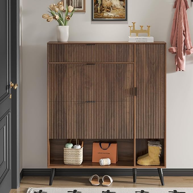 Shoe Storage Cabinet with 2 Flip Drawers, Narrow Shoe Cabinet for Entryway, Freestanding Slim Hidden Shoe Organizer Cabinet with Doors, Adjustable Shelf, Open Storage Space (Walnut)