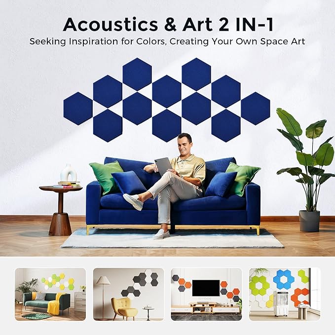 Self-Adhesive Acoustic Panels [390 lbs/yd³ Ultra-High Density], 2nd Generation Sound Absorbing Panel, Professional Level Sound Panel, Polyester Soundproof Foam [Size M, Dark Blue]