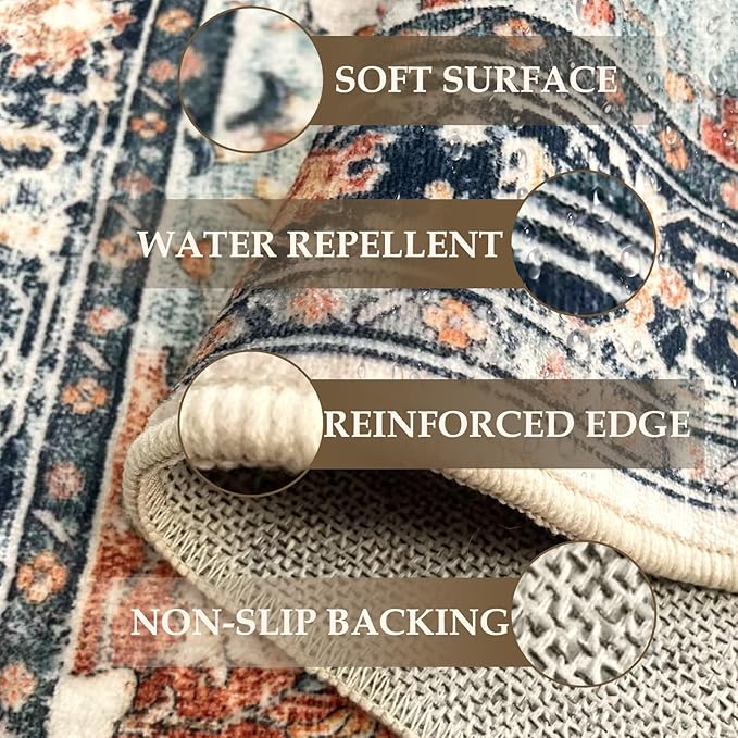 Area Rugs Square 8ft Washable Non-Slip, Floral Vintage Distress Print Pattern Medallion Carpet for Living Room Bedroom Dining Room, Beige Navy Blue Orange Colorful