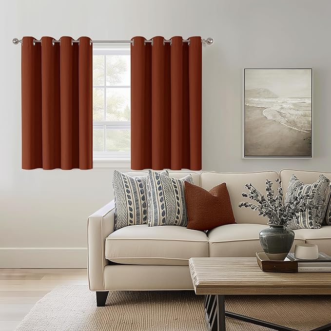ChrisDowa 100% Blackout Terracotta Solid Curtains 45 Inches Long 2 Panels for Bedroom Living Room,Farmhouse Room Darkening Thermal Insulated Soundproof Grommet Top Window Treatment Drapes,52x45
