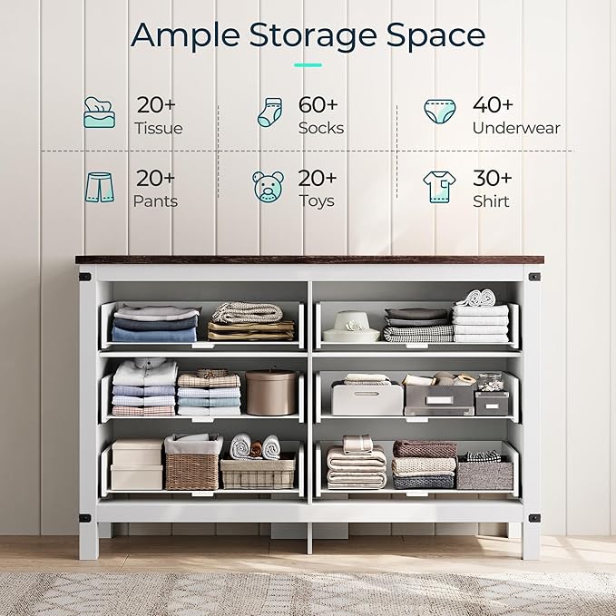 LINSY HOME Farmhouse 6 Drawer Double Dresser for Bedroom, 53” Wide Rustic Wood Chest with Deep Drawers, Modern Dressers with Storage and Metal Handles for Closet, Living Room, Hallway, Off White