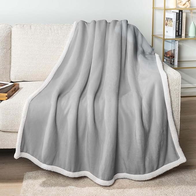 PAVILIA Sherpa Fleece Throw Blanket for Couch, Twin Size, Light Grey, Plush Soft Fuzzy Sofa Blanket, Cozy Reversible Winter Throw for Women Men, 60x80 Inches