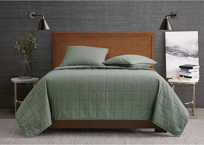London Fog Garment Washed Solid Quilt Set Green Microfiber 2-Piece Twin Quilt Set, Solid Themed, Adult and Teen, Oeko-TEX Certified