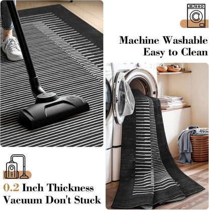 Wonnitar Washable Striped Black Runner Rug for Hallway 2'6"x8', Non-Slip Kitchen Runner Rug, Low Pile Minimalist Soft Rug Runner for Bedroom Hallway Bathroom Laundry Entryway (Black, 2'6" x 8')