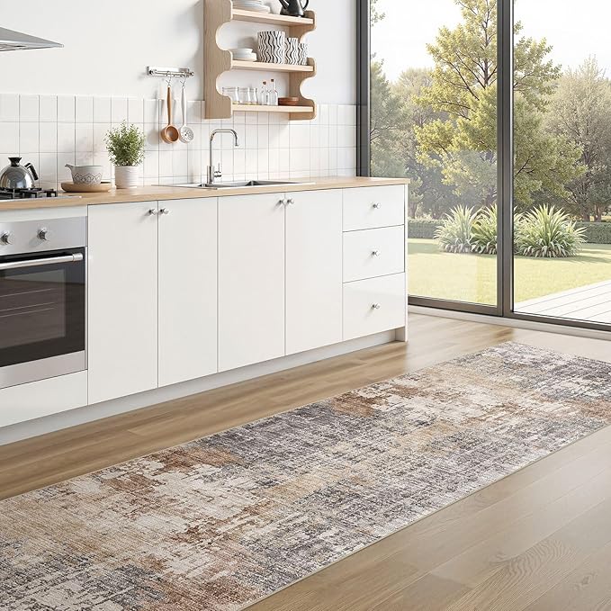 Washable Runner Rug for Hallway: 2.6x12 Neutral Modern Abstract Low Pile Area Rug with Non-Slip Backing - Carpet for Bedroom Kitchen Laundry Entryway Bathroom Indoor - Grey Brown