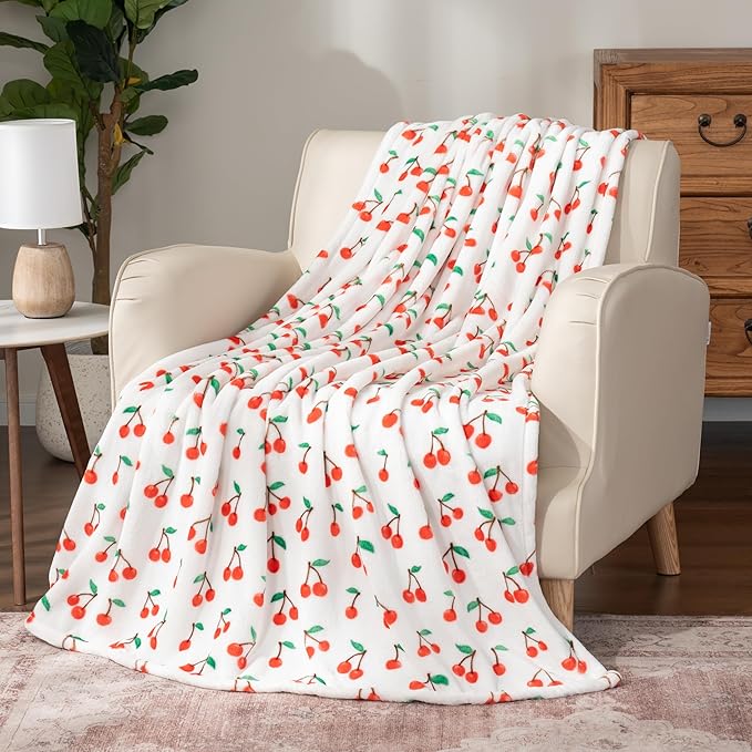 Berkshire Blanket-Classic Heavyweight Soft Printed VelvetLoft® Plush Throw Blanket, Cozy and Fuzzy, Cherries Toss White, 50in x 70in