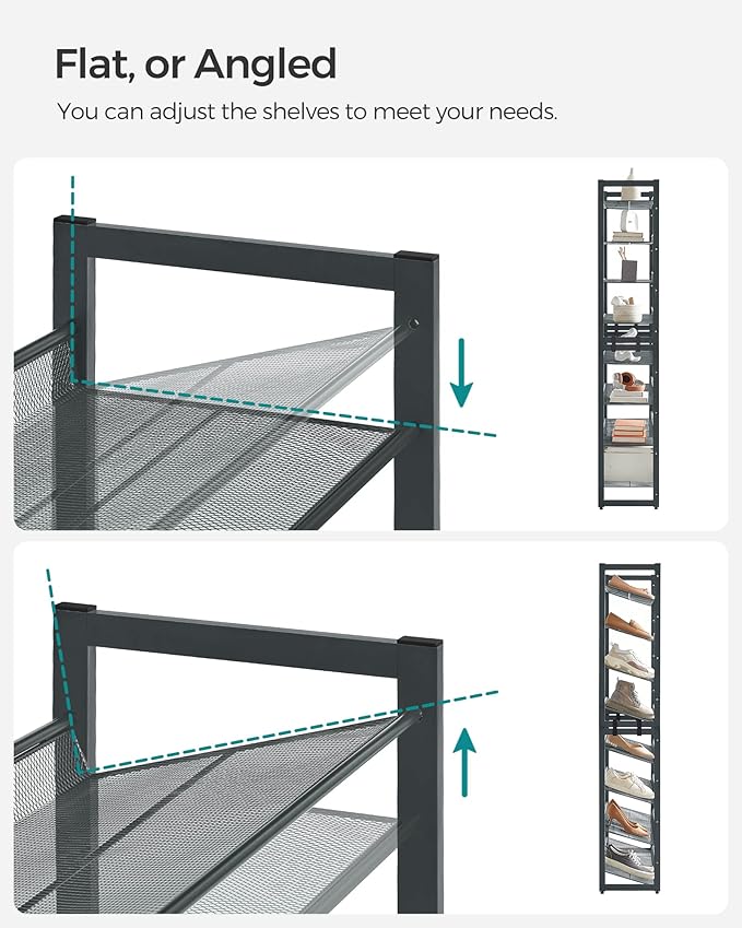 SONGMICS Shoe Rack, 8-Tier Shoe Organizer, Metal Rack for Garage, Set of 2, 4-Tier Stackable Shelf, with Adjustable Flat or Angled Shelves, 32-40 Pairs, Charcoal Gray ULMR08GB