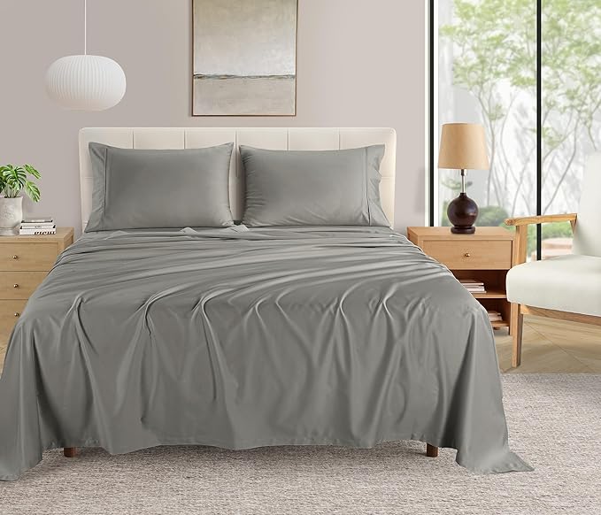 100% Egyptian Cotton King Size Sheets Deep Pocket Set With 15" Deep Pocket Fitted Sheet & Pillowcase Sets, 400 Tc Luxury Sateen Weave 4 Piece, Soft Breathable Naturally Cool Machine Washable- Silver