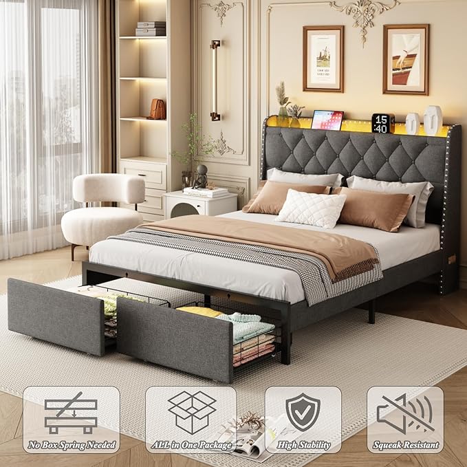 Queen Size Bed Frame with Storage Headboard and 2 Drawers, Upholstered Button Linen Platform Bed frame with Led Lights and Charging Station, No Box Spring Needed, Easy Assembly, Noise Free, Gray