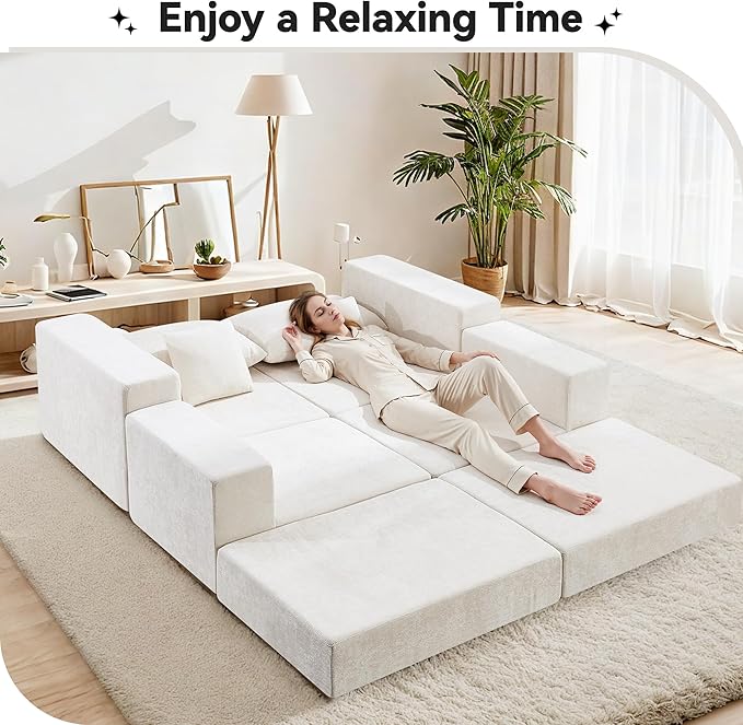 Boneless Sectional Loveseat Couch with Ottoman, Convertible Modular Floor Sleeper Sofa Bed, Comfy Foldable Compression Love Seat Sofa for Living Room, No Assembly, Beige