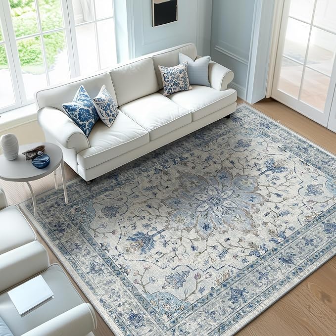 Area Rugs 7'x9' Washable Non-Slip, Floral Vintage Distress Print Pattern Medallion Carpet for Living Room Bedroom Dining Room, Light Blue Navy Beige Gray White