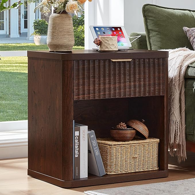 LEYAOYAO Fluted Nightstand with Charging Station, 23" Wide 1 Drawers Night Stand,Walnut End Table with Open Storage,Farmhouse Bed Side Tables, Wood Dresser for Bedroom, Living Room, Closet