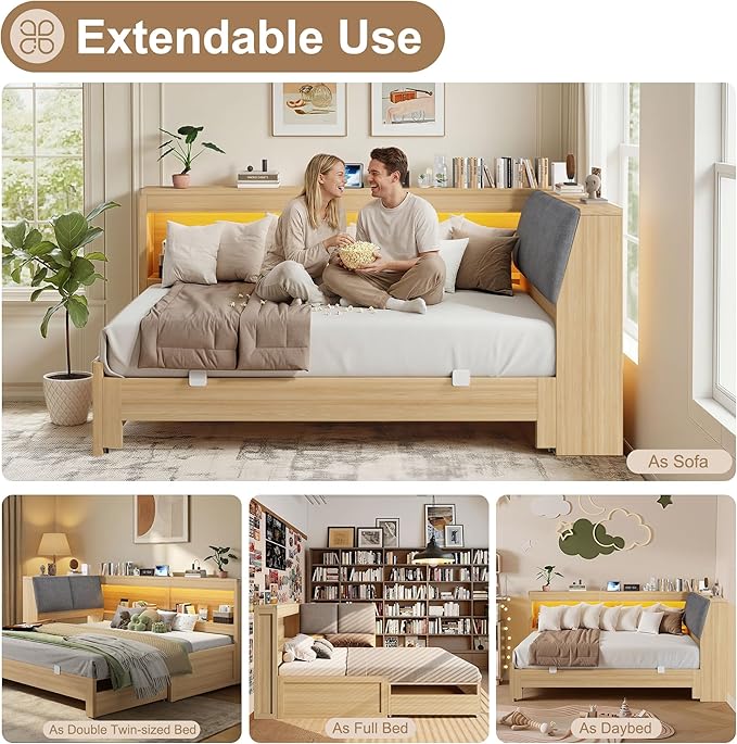 Corner Bed Frame with Extendable Trundle Bed and Bookcase Upholstered Headboard, 3-in-1 Twin Size Wood Daybed with LED Lights and Charging Station, for Bedroom, Guest Room, Natural Oak
