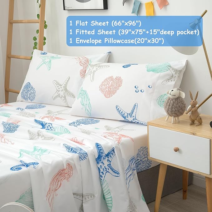 JSD Beach Theme Kids Sheet Set Twin, 3 Piece Starfish Jellyfish Coastal Summer Microfiber Bed Sheets Deep Pocket