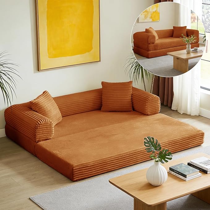 Convertible Futon Sofa Bed, Fold Out Floor Sofa Couch with Sleeper Sofa,Folding Boneless Couches with Deep Seat,Cloud Corduroy Foldable Mattress Couch for Living Room (Orange)
