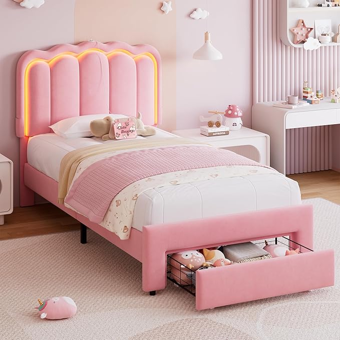 Velvet Upholstered Twin LED Bed Frame with Storage Drawer and Adjustable Chic Double Wavy Headboard, Princess Platform Bed for Girls/Kids, Solid Wood Slats Support, No Box Spring Needed, Pink