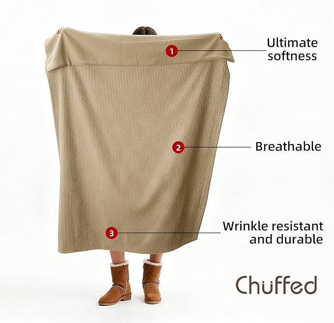 CHUFFED Cotton Waffle Blanket Queen Size - Plush Milk Velvet & Reversible Waffle Weave,Anti-Static 300Gsm Design，Thick Cozy Soft Winter Blanket for Bed, Couch, Sofa - Khaki, 90x90 Inches