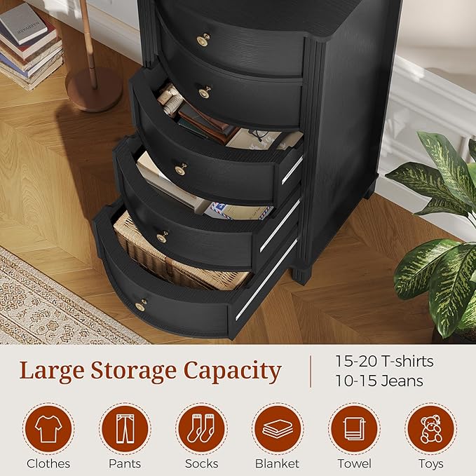 AuraCurve Tall 5-Drawer Chest, Elegant Dresser with Five Arc Fronts, Roman Column Decor, Slim Floor Standing Storage Cabinet, 48.6x23.6x15.7 Inches(Black, 5 Drawer)