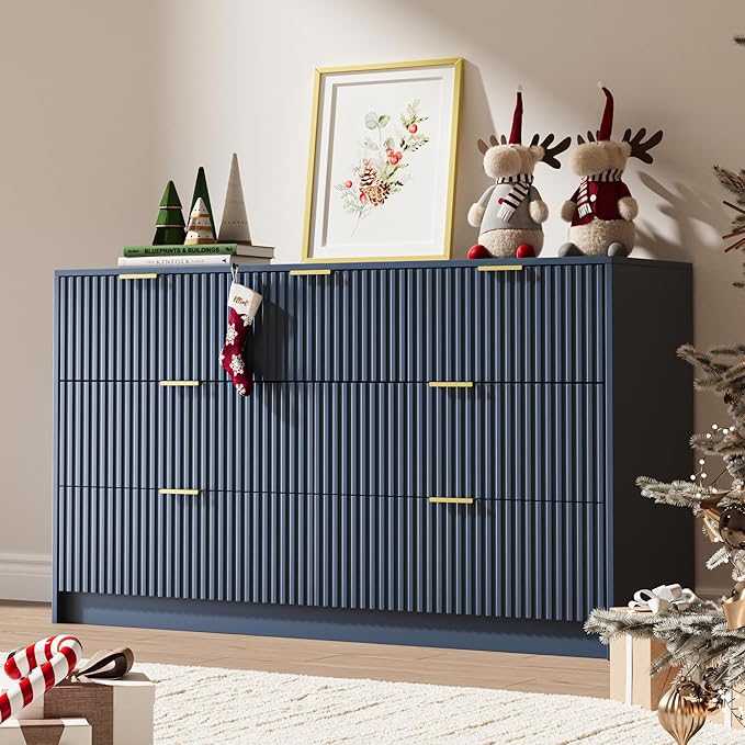 Navy 7 Drawer Dresser for Bedroom, 55.9" Wide Modern Fluted Dresser with Gold Metal Handles, Wide Chest of Drawers for Bedroom, Living Room, Entryway, Hallway