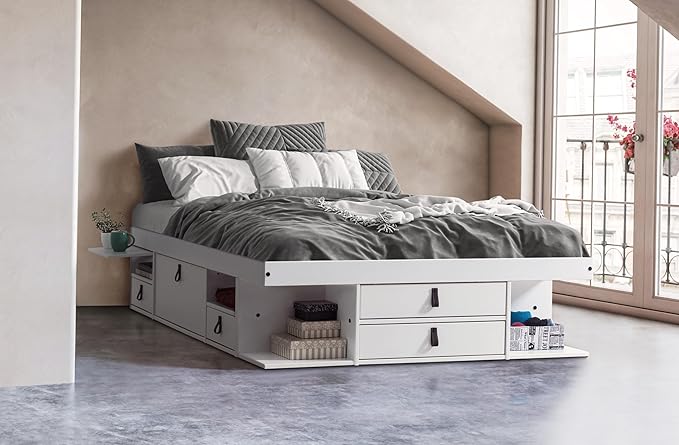 memomad Bali Storage Platform Bed with Drawers (Full Size, Off White)