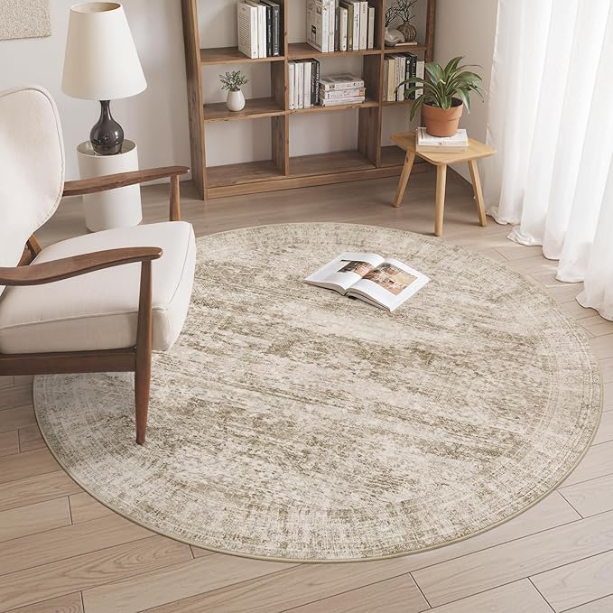 5x5 Brown Round Rug 5ft Living Room Circle Rug Vintage Round Area Rug Non Slip Indoor Carpet for Entryway Dining Room Bedroom