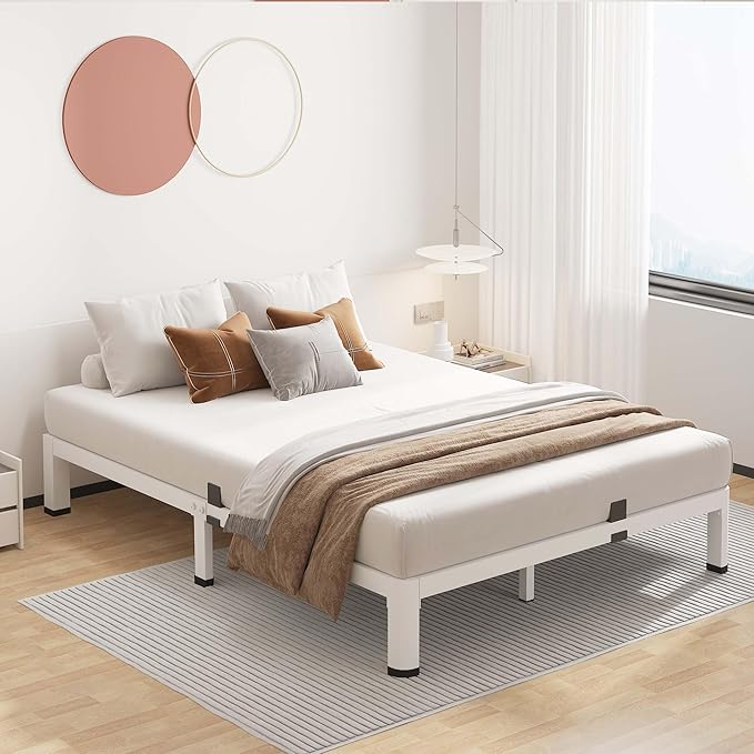 ROIL 10 Inch White Full Bed Frame with Rounded Corner and Mattress Retainers, 3500LBS Heavy Duty Steel Slats No Box Spring Needed Platform Noise-Free Easy Assembly
