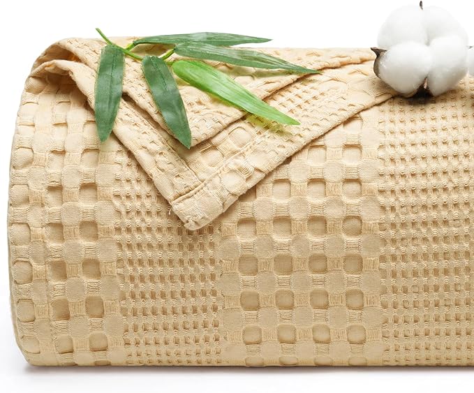 PHF Cooling Waffle Blanket Twin Size, Lightweight 60% Rayon Derived from Bamboo & 40% Cotton Breathable Blanket for Hot Sleepers, Soft and Luxury for Bed Couch and Sofa, 66"x90", Beige