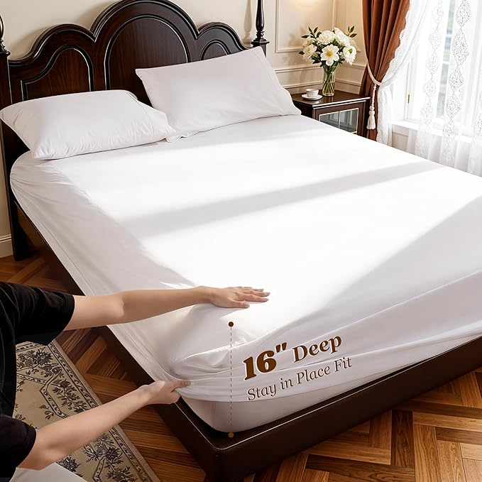 LBRO2M 1000 Thread Count 100% Cotton Sheets Set,King Size Bed Sheet 4 Piece Sets,Long Staple,16 Inches Deep Pocket,All Season,Bedding Super Soft Comforterble Breathable,Sateen Weave(White)