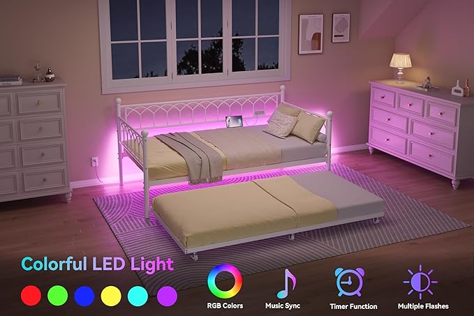 GarveeHome Daybed with Trundle, Metal Twin Trundle Bed with Charging Station & LED Lights, Sofa Beds Frame with Pull Out Bed for Living Room, Guest Room, Apartment, Small Spaces, White