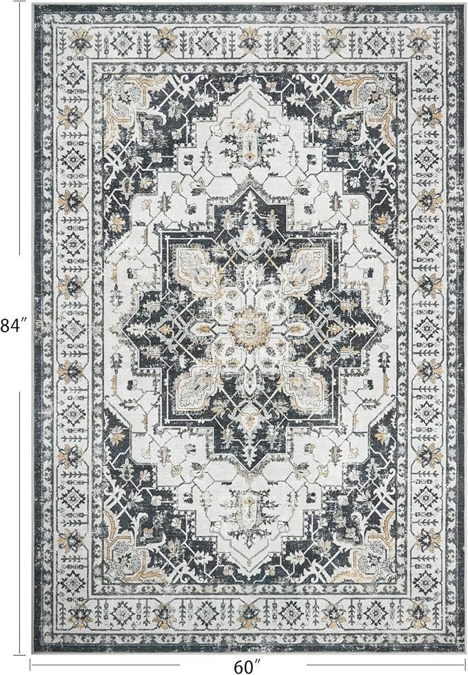 zesthome 5x7 Area Rugs, Machine Washable Rugs for Living Room, Bedroom,Stain Resistant Vintage Large Area Rug,Non-Slip Medallion Pattern Home Decor Rugs (Black,5'x7')