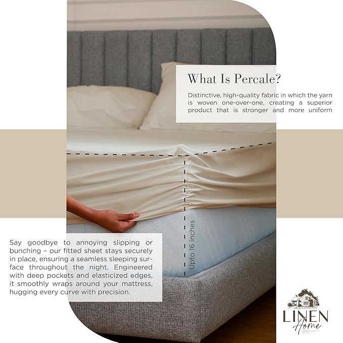 Linen Home 100% Cotton Percale Sheets Twin Size,Light Taupe, Deep Pocket, 3 Pieces Set - 1 Flat, 1 Deep Pocket Fitted Sheet and 1 Pillowcase, Crisp Cool and Strong Bed Linen