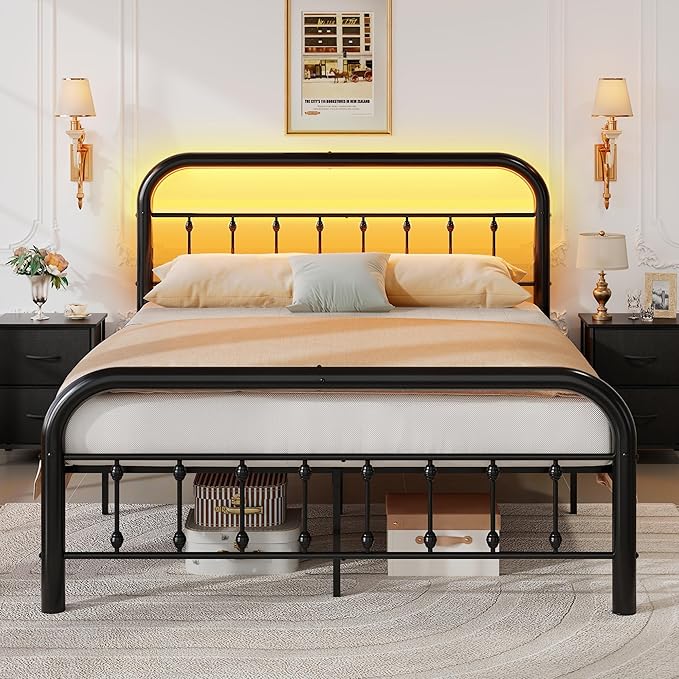 WLIVE Metal Platform Bed Frame, Queen Bed Frame with Headboard, Bed Frames with LED Lights and Charging Station, 1500LBS Mattress Foundation, Under Bed Storage, No Box Spring Needed, Black