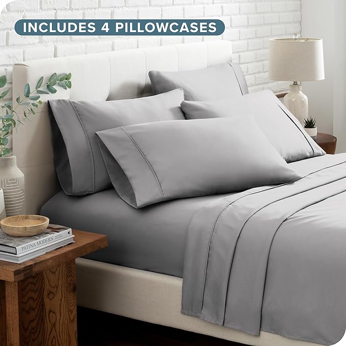 Bare Home Hotel Luxury King Sheet Set, Extra Soft - 6 Piece Set - Deep Pockets - Easy Fit - Cooling & Breathable - Wrinkle, Fade, Stain Resistant - Includes 4 Pillowcases (King, Light Grey)