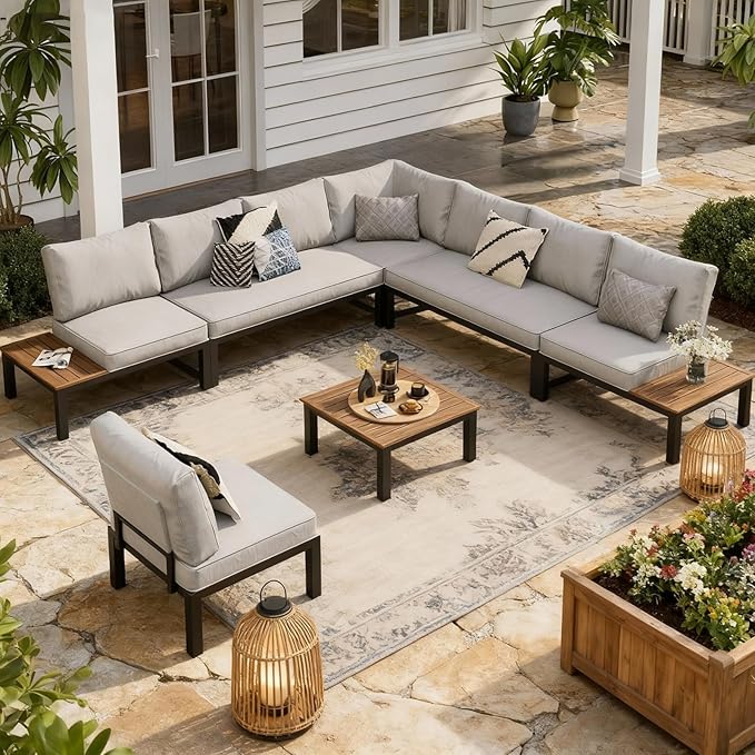 Sophia & William 7 Piece Outdoor Patio Furniture Set, Metal Sectional Sofa Patio Conversation Set with Cushions-2 x Single Sofa with Side Table, 2 x Single Chair, 2 x Loveseat, 1 x Tea Table