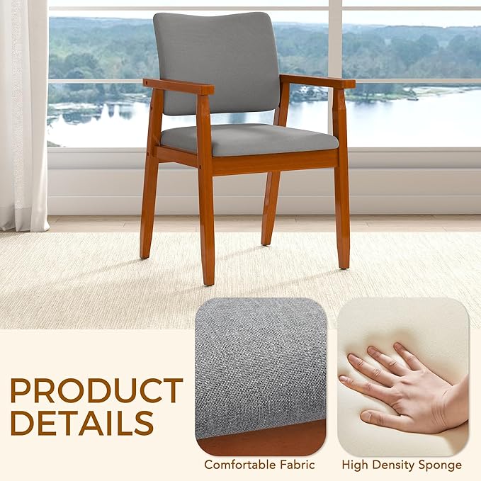 thksbought Set of 4 Mid Century Modern Walnut Dining Chairs Wood Arm Grey Fabric Kitchen Cafe Living Room Decor Furniture