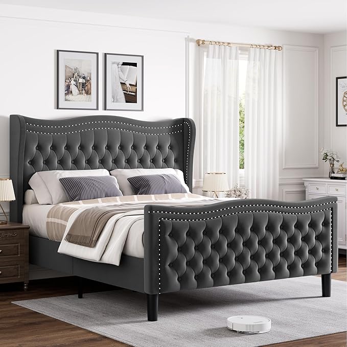 King Bed Frame with Tall Headboard & Footboard, Velvet Upholstered Platform Bed Frame with Deep Button Tufted Wingback, No Box Spring Needed, Noise Free, Grey