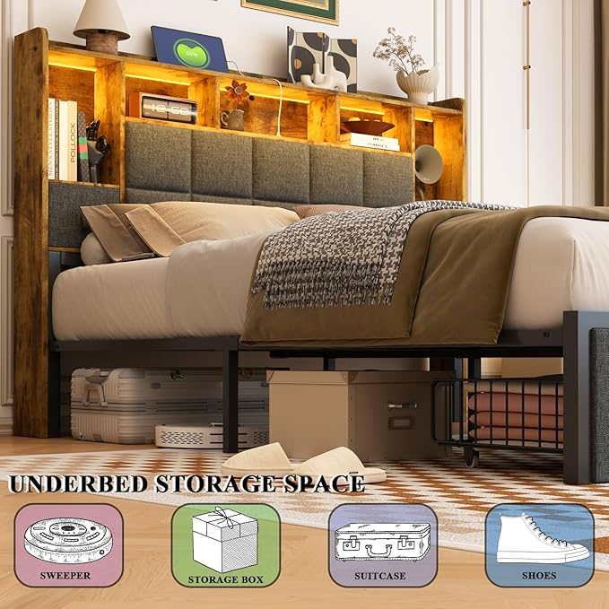 King Size Bed Frame with Bookcase Storage Drawers, LED Lights, Upholstered Platform Bed Frame with Headboard, Charging Station, Metal Slats Support, Noise Free, No Box Spring Needed, Grey