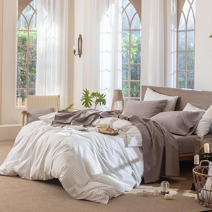 MooMee Bedding Sheet Set 100% Washed Cotton Linen Like Textured Breathable Durable Soft Comfy (Heathered Mauve Brown, Split King)