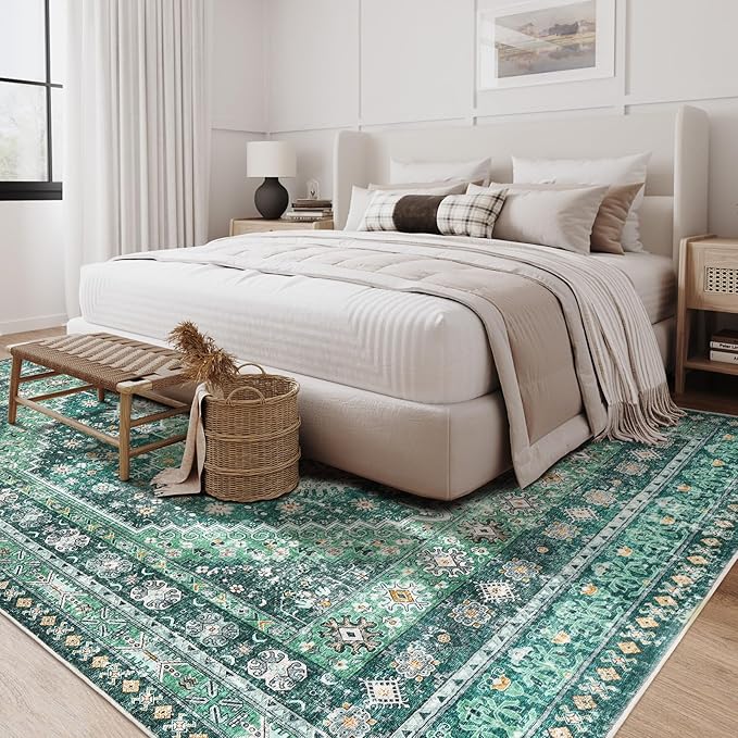 zesthome 8x10 Area Rugs for Living Room,Non-Slip Backing Washable Rugs,Vintage Large Area Rug，Stain Resistant Home Decor Rug(Green/Teal,8'x10')