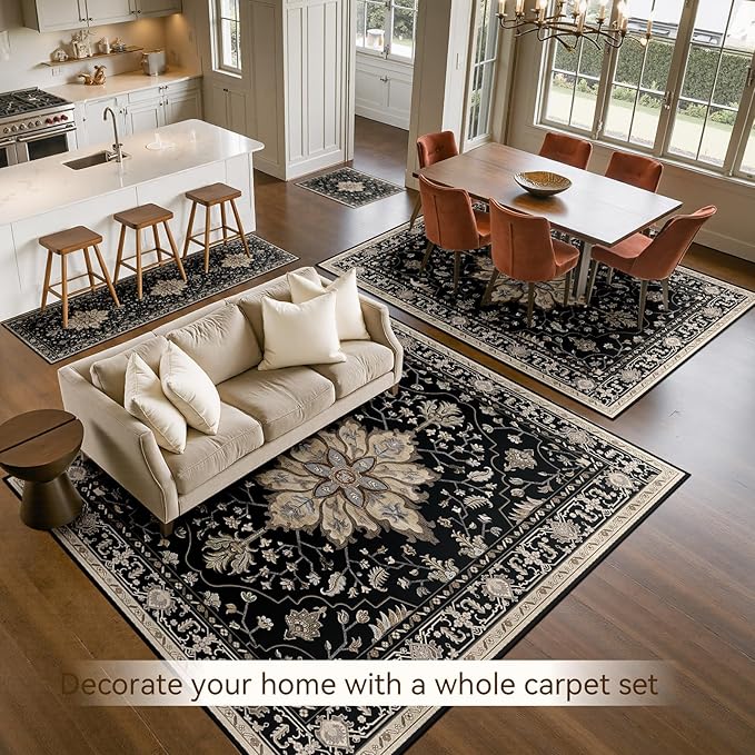 Area Rugs 5'x7' Washable Non-Slip, Floral Vintage Distress Print Pattern Medallion Carpet for Living Room Bedroom Dining Room, Black Brown Neutral Dark Tan
