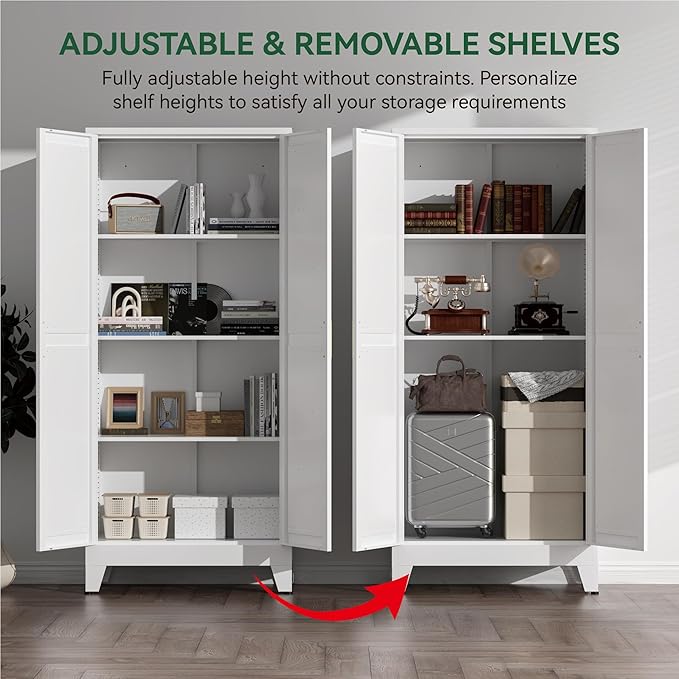 Farmhouse Pantry Cabinet with Barn Doors,61" H x 27.5" W,Metal Cabinet with Adjustable Shelves,4-Tier Storage Cabinet for Kitchen Dining Room Garage,White