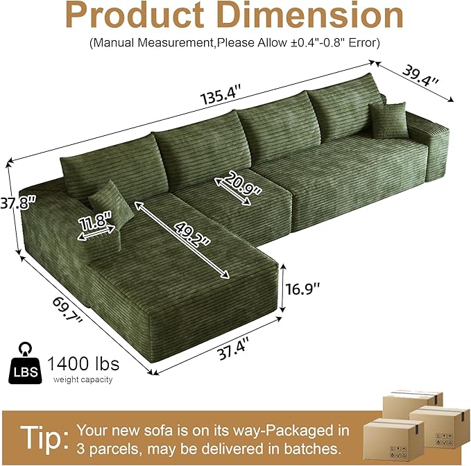 136" Sectional Couches for Living Room Modern Modular Sofa with L-Shape Couchs Upholstered Boneless Couch Deep Seat Sectional Couch with Chaise (Green, Left Facing Chaise+3Seaters)