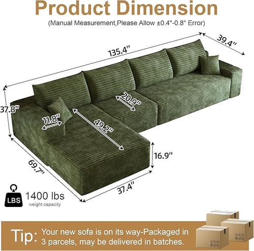 136" Sectional Couches for Living Room Modern Modular Sofa with L-Shape Couchs Upholstered Boneless Couch Deep Seat Sectional Couch with Chaise (Green, Left Facing Chaise+3Seaters)