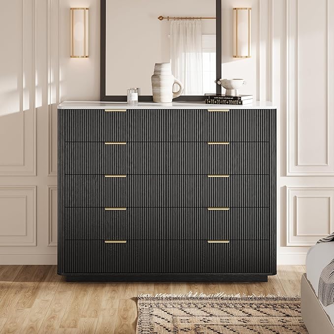 Fluted Drawers Dresser for Bedroom with 10 Drawers, 42'' Wide Mid Century Dressers with Faux Marble Top & Metal Handle, Wooden Chest of Drawers TV Stand, Natural Wood Closet Storage Organizer,Black