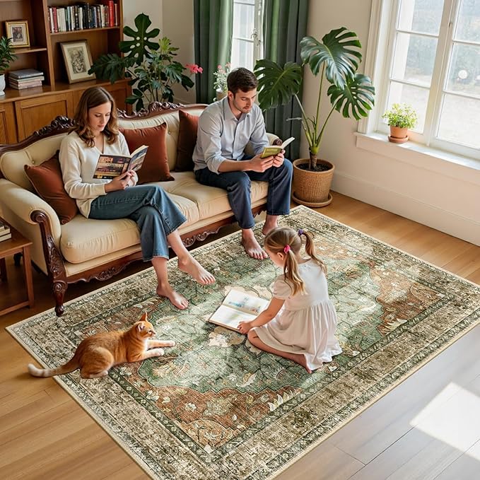 Area Rugs 5'x7' Washable Non-Slip, Floral Vintage Distress Print Pattern Medallion Carpet for Living Room Bedroom Dining Room, Brick Red Rust Neutral Brown Burnt Orange Green