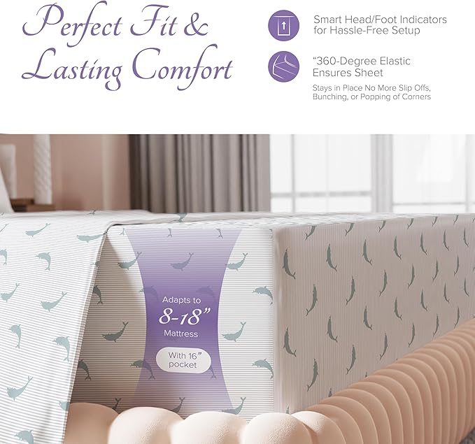 Carressa Linen Luxury Egyptian Cotton Queen Printed Sheet Set - 600 Thread Count Extra Long Staple 4 PC Set, Dolphin Dance Queen Printed Sheets, Soft, Cooling Sheets Upto 18 in Deep Pocket