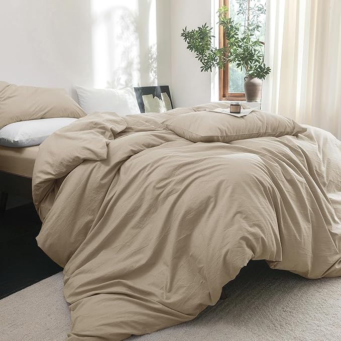 FOSSA Duvet Cover Set 100% Washed Cotton Linen Feel Super Soft Breathable Cozy 3 Pieces Bedding Sets Solid Light Khaki Queen