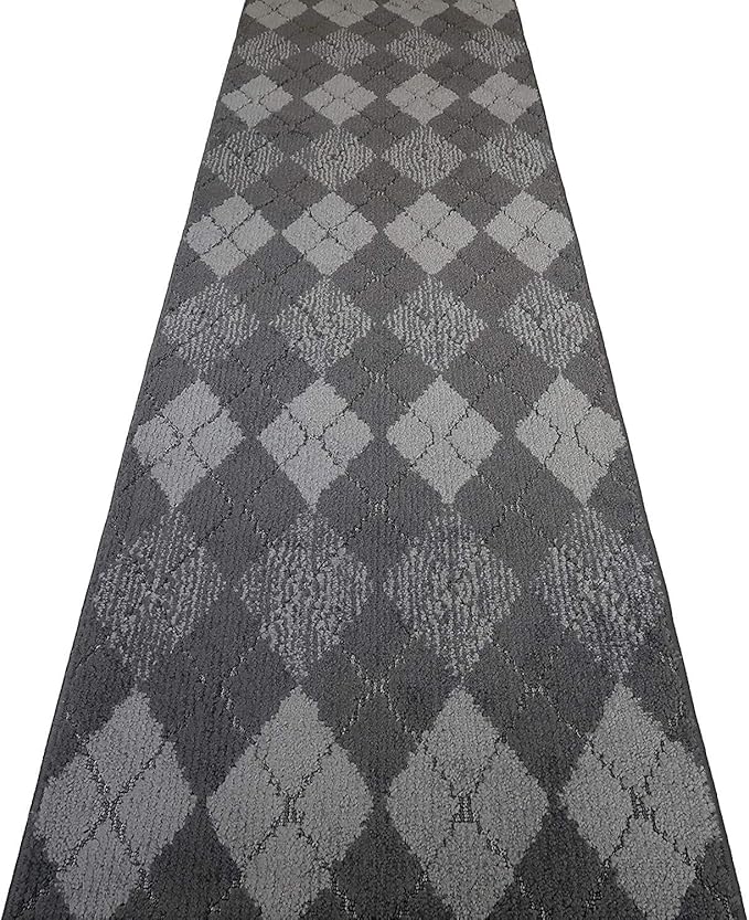 Custom Length Hallway Runner Rug,Slip Resistant,Squares Anthracite, 26 Inch X 23 feet, Sold and Priced Per Foot