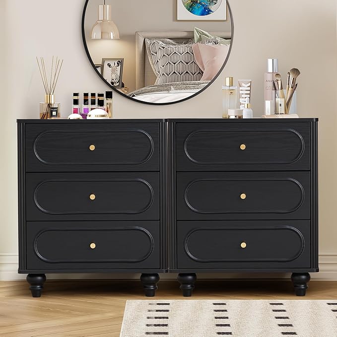 ORRD 3 Drawer Fluted Dresser for Bedroom Set of 2, Mid Century Modern Chest of Drawers, Wood Storage Small Dresser Organizer for Bedroom Living Room Hallway Closet, Black